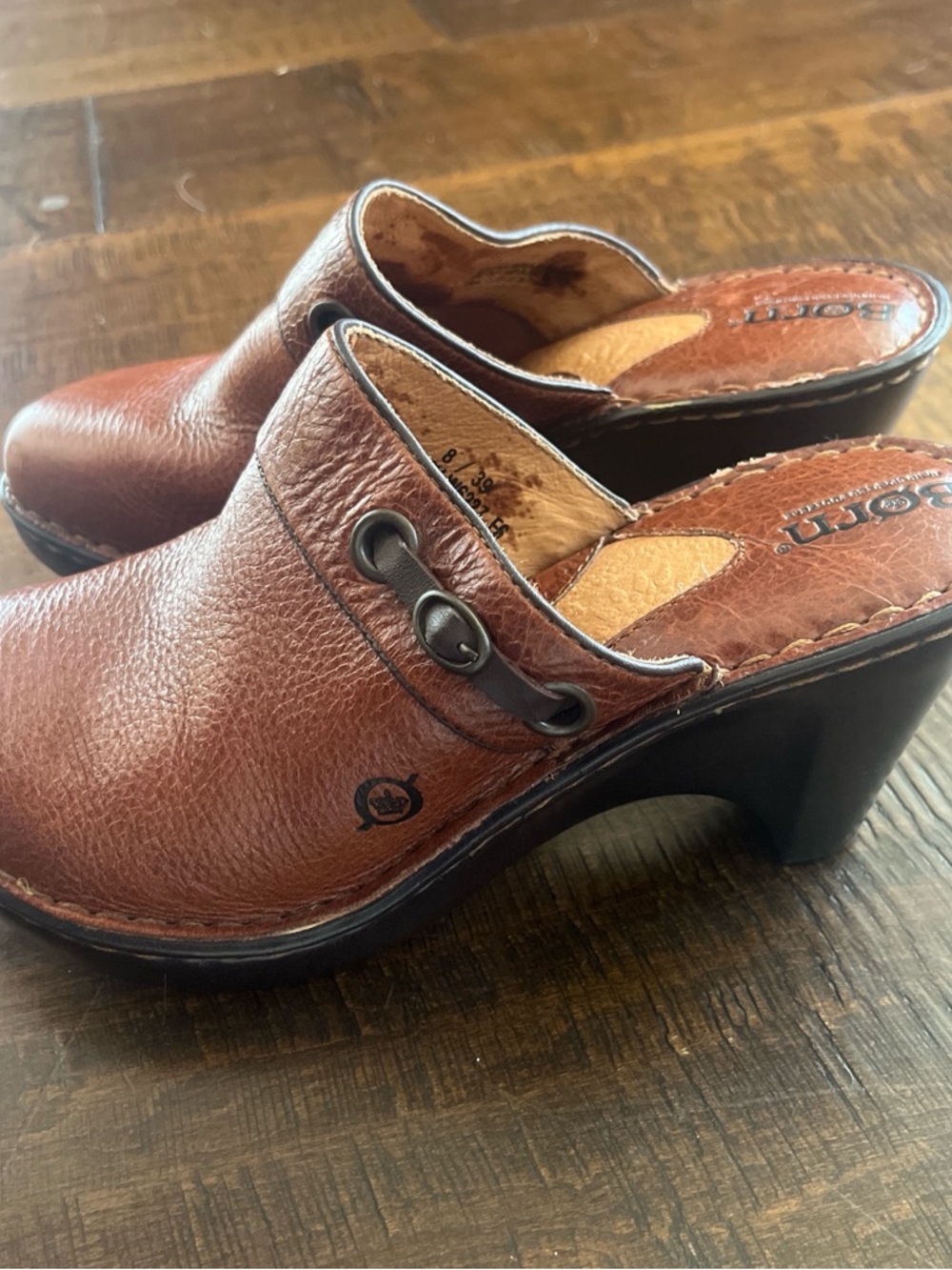 Børn Corii brown leather handcrafted slip-on clogs with 3.5” wedge heels sz 8 - Picture 4 of 6